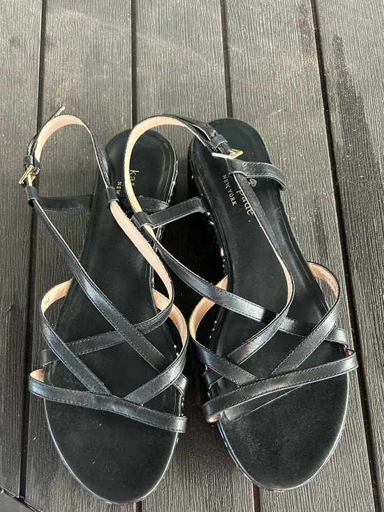 kate spade Shoes - Kate Spade Black Leather Platform Wedge Sandals Floral Cutout Ankle Strap Size 8